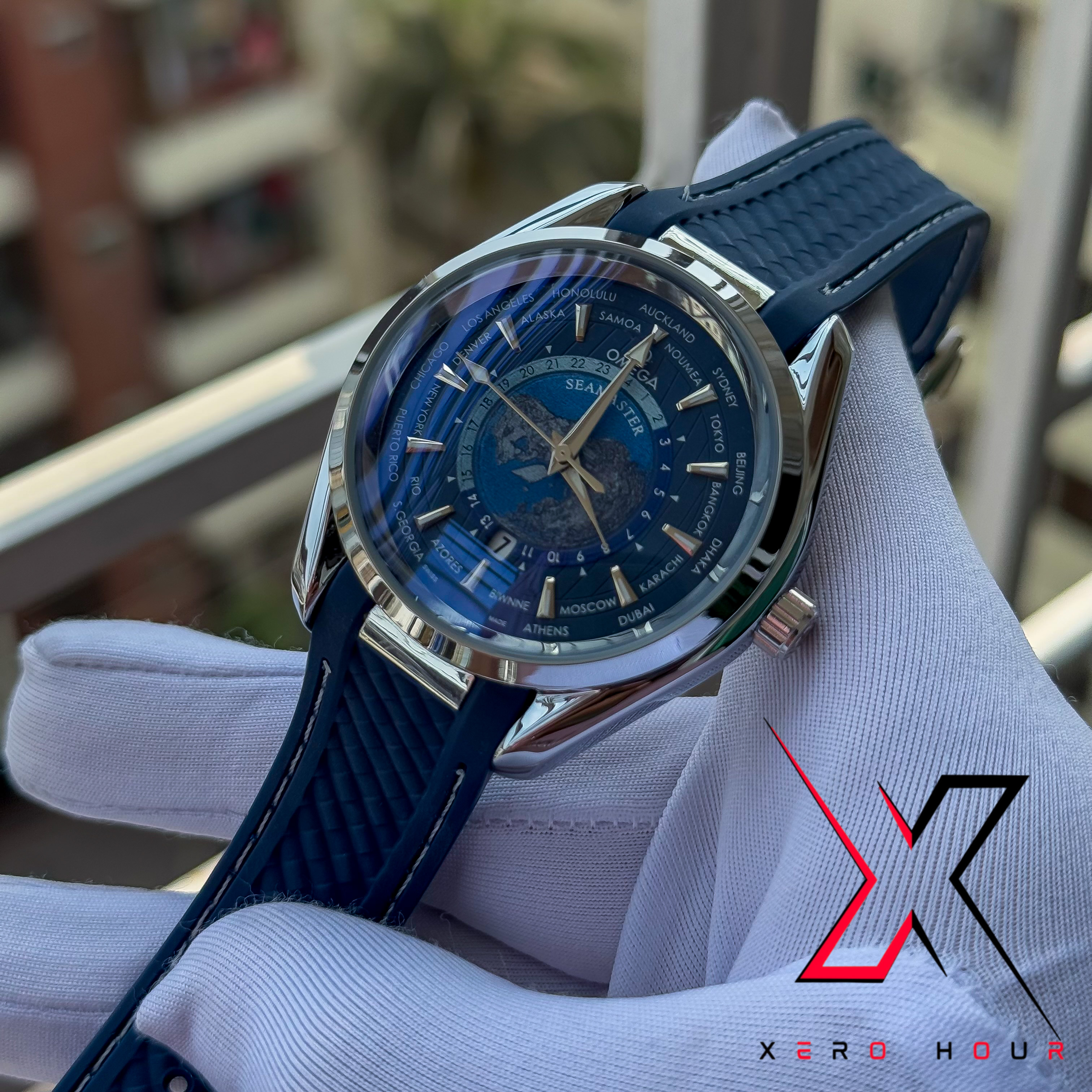 Omeaga Aqua terra | World Timer | Silicon Strap | Blue Dial