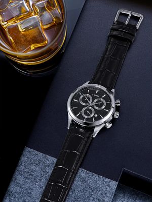 TOMI T-602 Chronograph Men's Leather Belt Quartz Watch (Black)_img_2