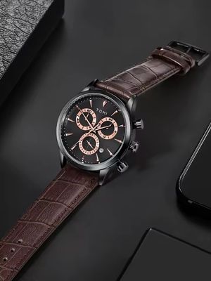 TOMI T-602 Chronograph Men's Leather Belt Quartz Watch (Brown)_img_2
