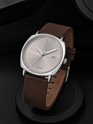 TOMI T-044 Men's Quartz Leather Belt Watch With Date (Brown-Silver)_img_1
