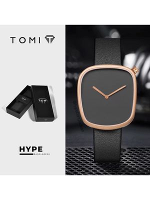 TOMI T-077 Unisex Leather Belt Casual Quartz Wrist Watch (Black-Rosegold)_img_0