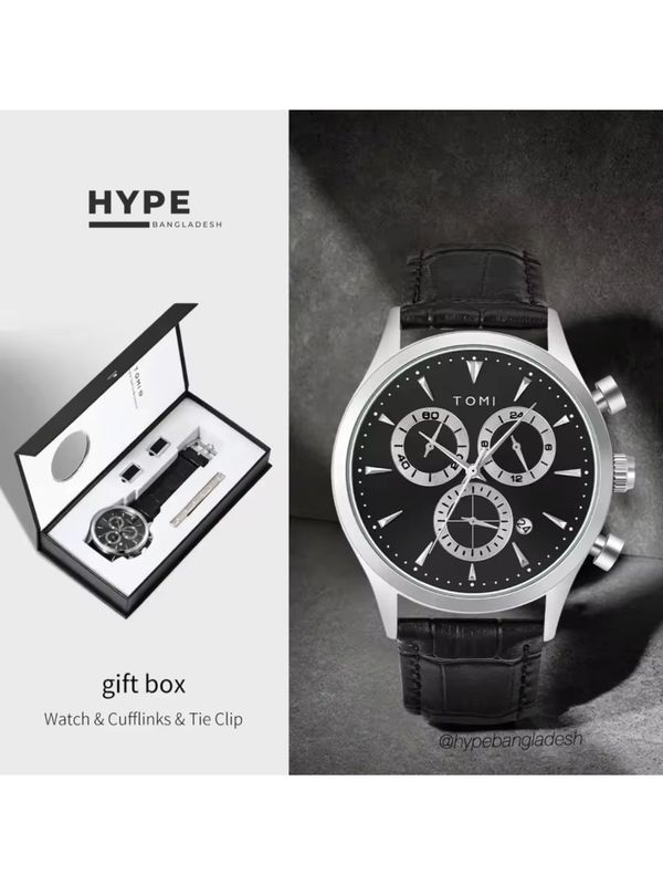 TOMI T-602 Chronograph Men's Leather Belt Quartz Watch (Black)