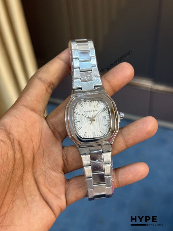 Universe Point Square Shape Quartz Watch With Date For Men (Silver-White)