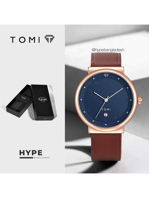 TOMI T-091 Men's Leather Belt Quartz Watch With Date (Blue)