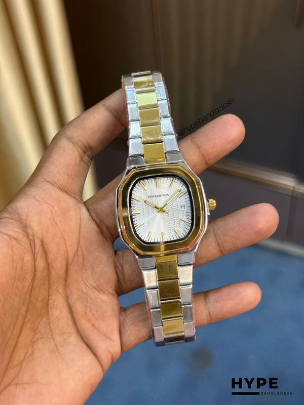 Universe Point Square Shape Quartz Watch With Date For Men (Silver-Gold-White)