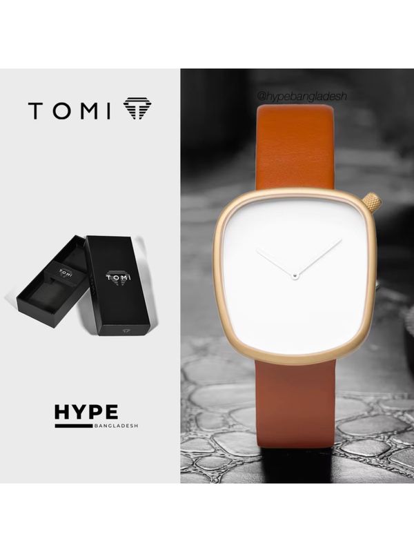 TOMI T-077 Unisex Leather Belt Casual Quartz Wrist Watch (Brown-White)