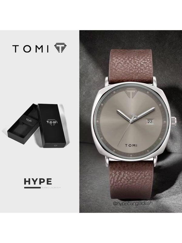 TOMI T-044 Men's Quartz Leather Belt Watch With Date (Brown-Silver)