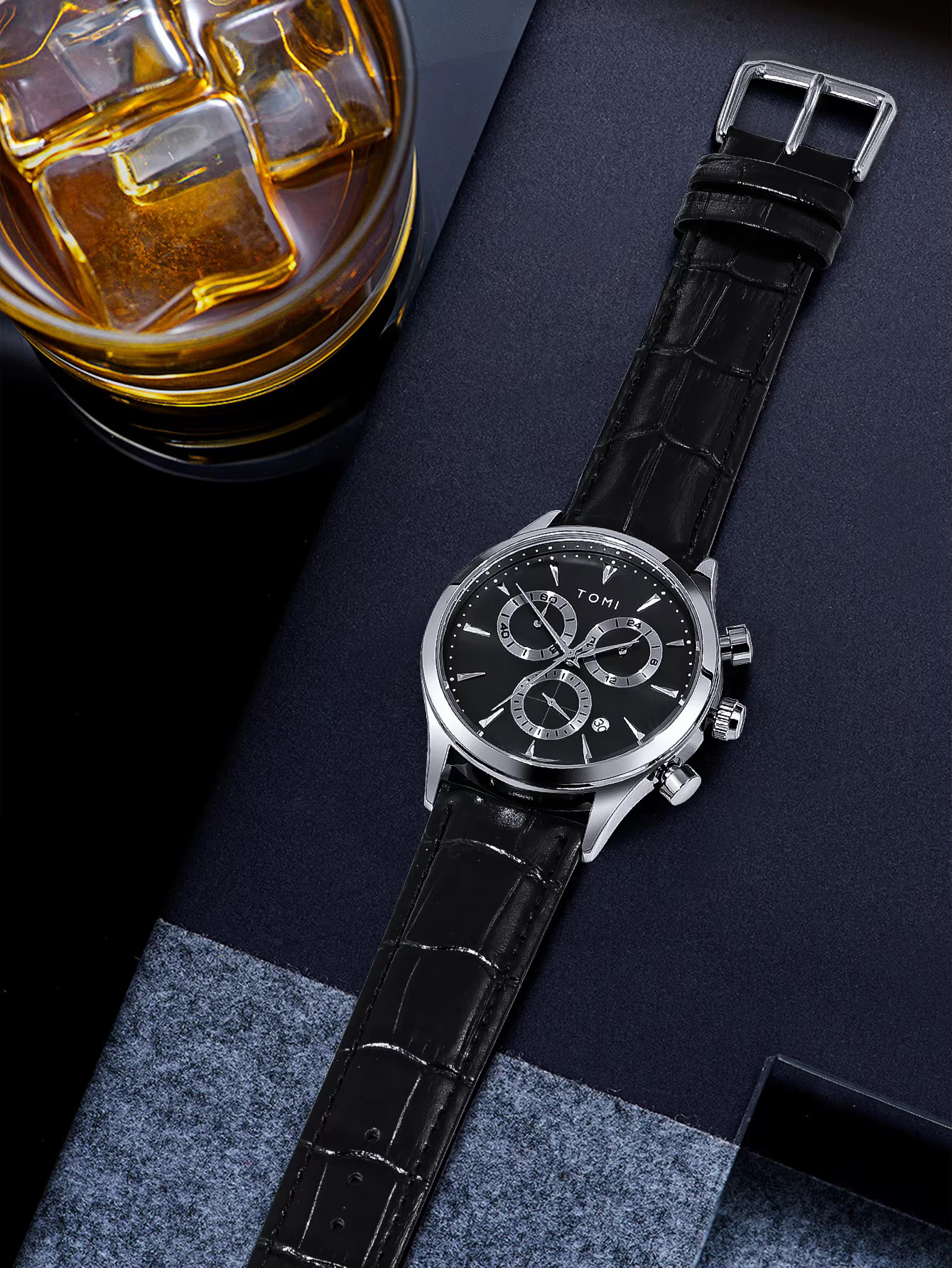 TOMI T-602 Chronograph Men's Leather Belt Quartz Watch (Black)_img_2