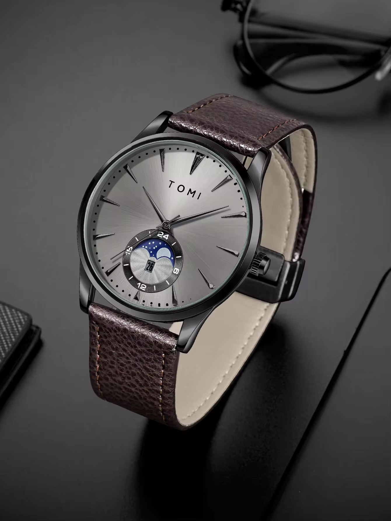 TOMI T-024 Men's Quartz Leather Belt Magnetic Lock Watch (Brown-Ash)_img_1