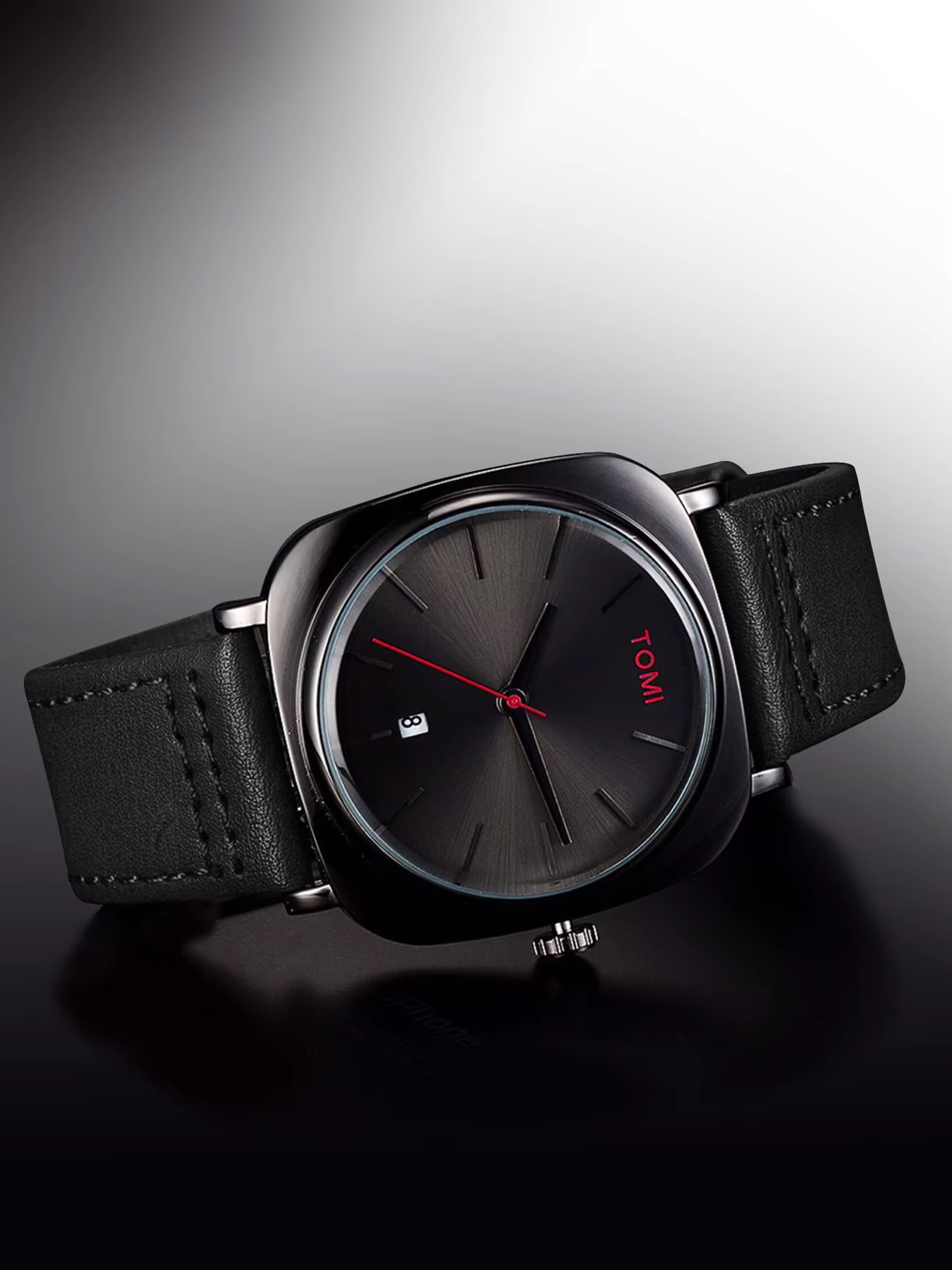 TOMI T-084 Men's Leather Belt Quartz Watch With Date (Full Black)_img_1