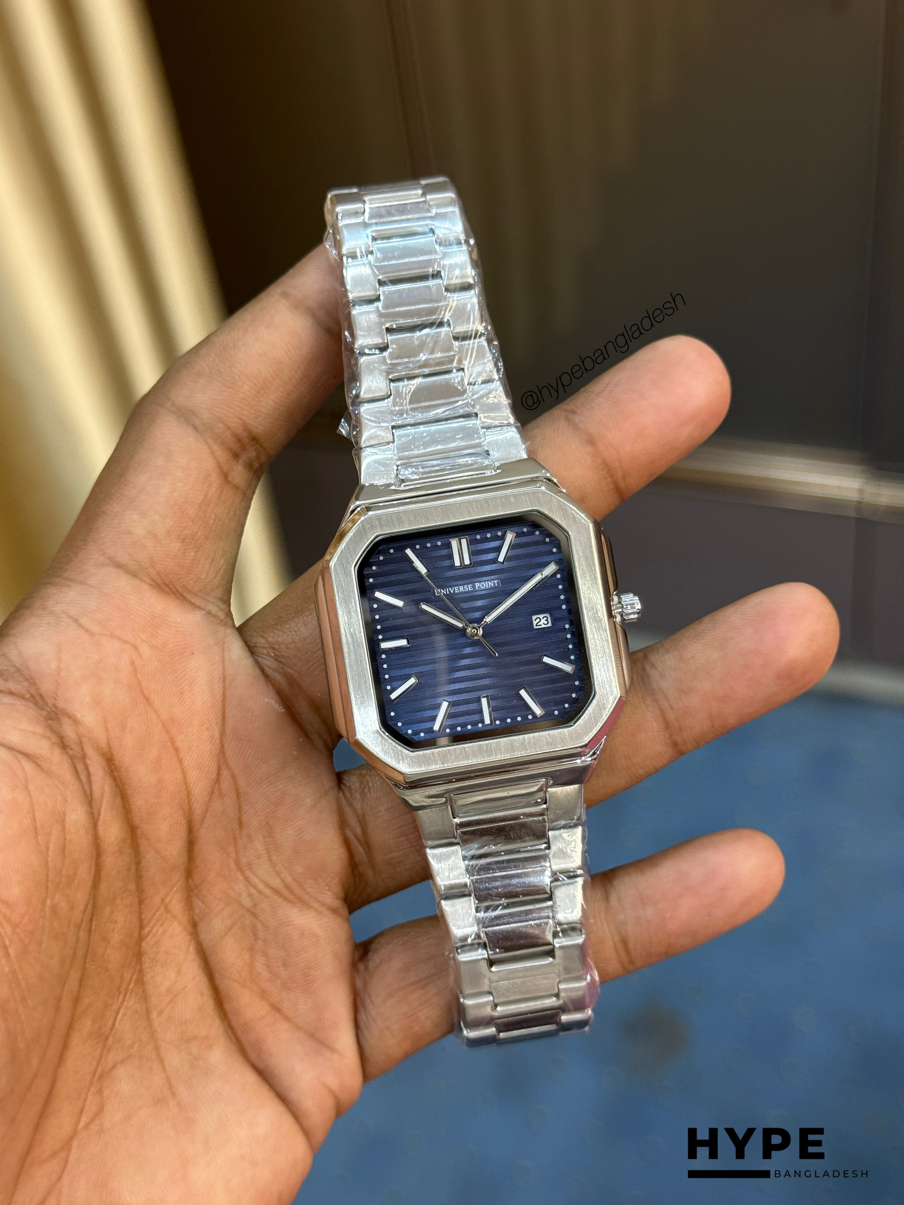 Universe Point Square Shape Quartz Watch With Date For Men (Silver-Blue)_img_0