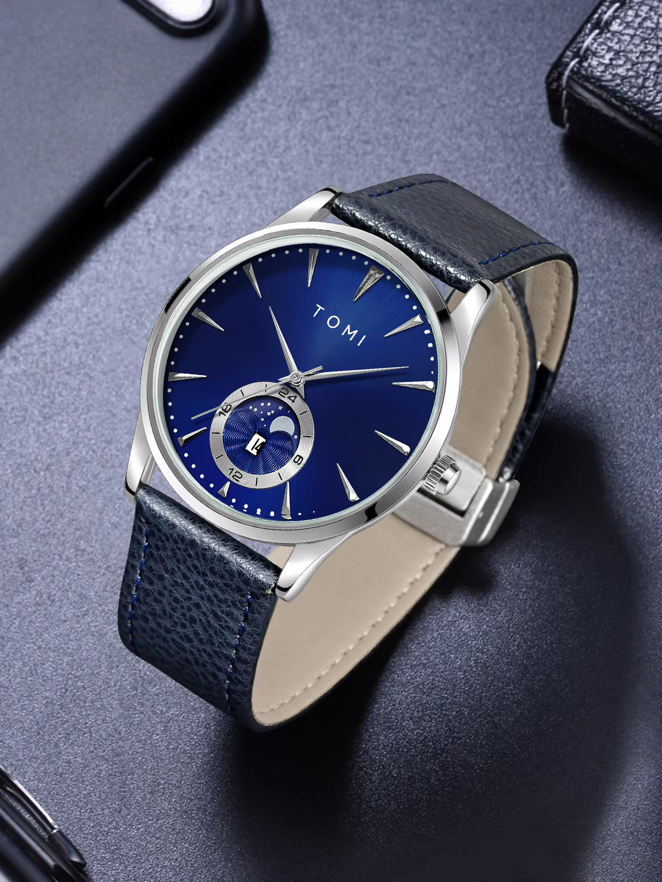 TOMI T-024 Men's Quartz Leather Belt Magnetic Lock Watch (Blue)_img_1