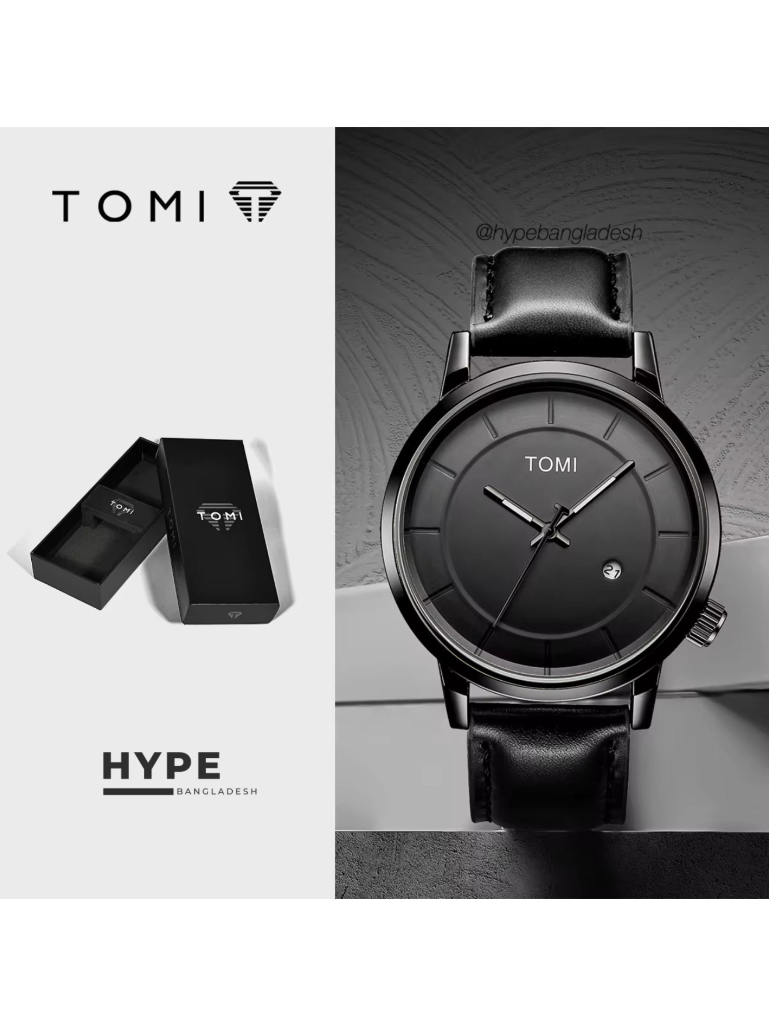 TOMI T-101 Men's Leather Belt Quartz Watch With Date (Black)_img_0