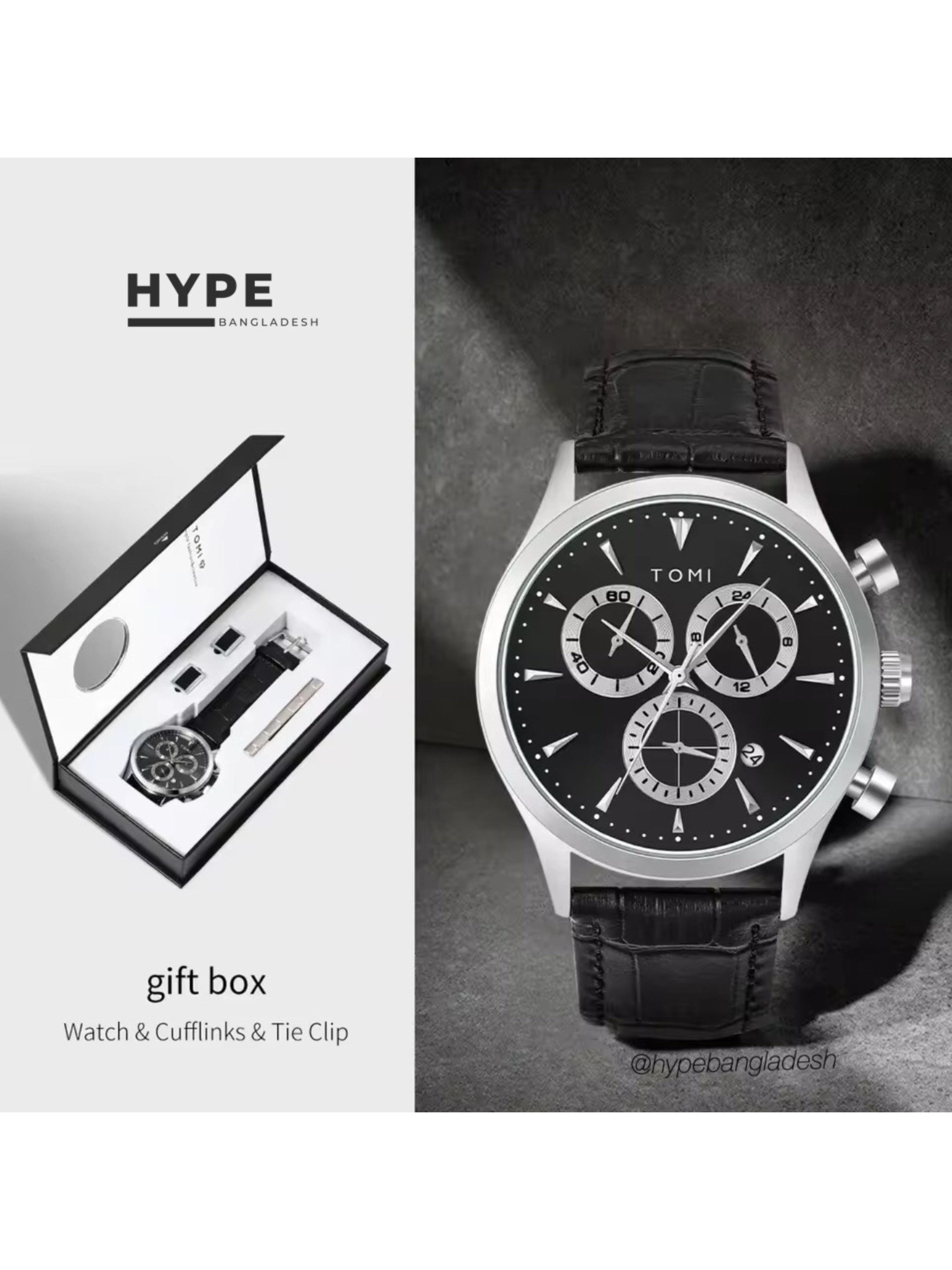 TOMI T-602 Chronograph Men's Leather Belt Quartz Watch (Black)_img_0