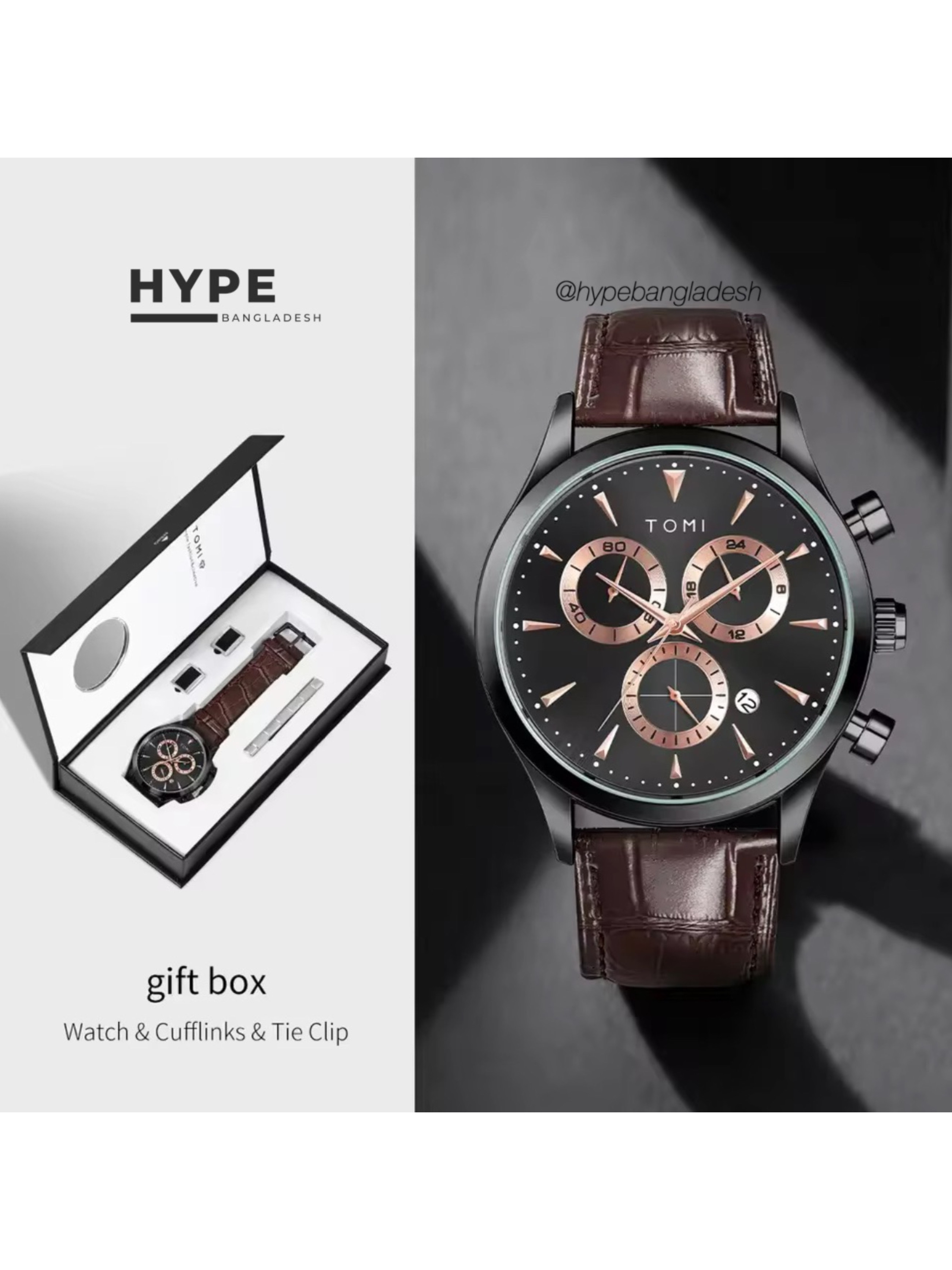 TOMI T-602 Chronograph Men's Leather Belt Quartz Watch (Brown)_img_0