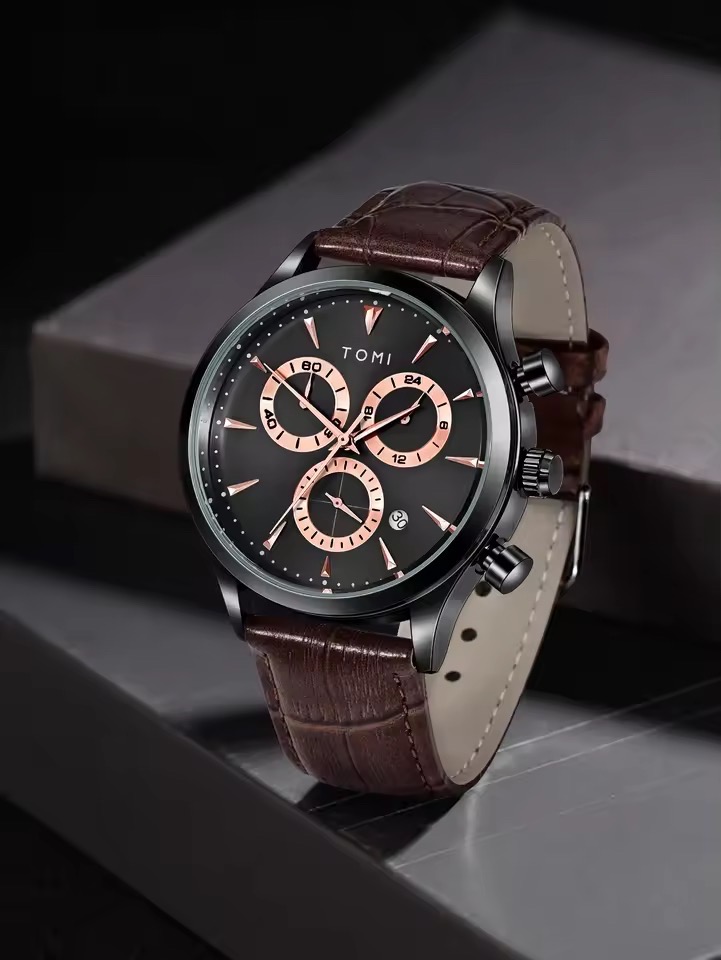 TOMI T-602 Chronograph Men's Leather Belt Quartz Watch (Brown)_img_1