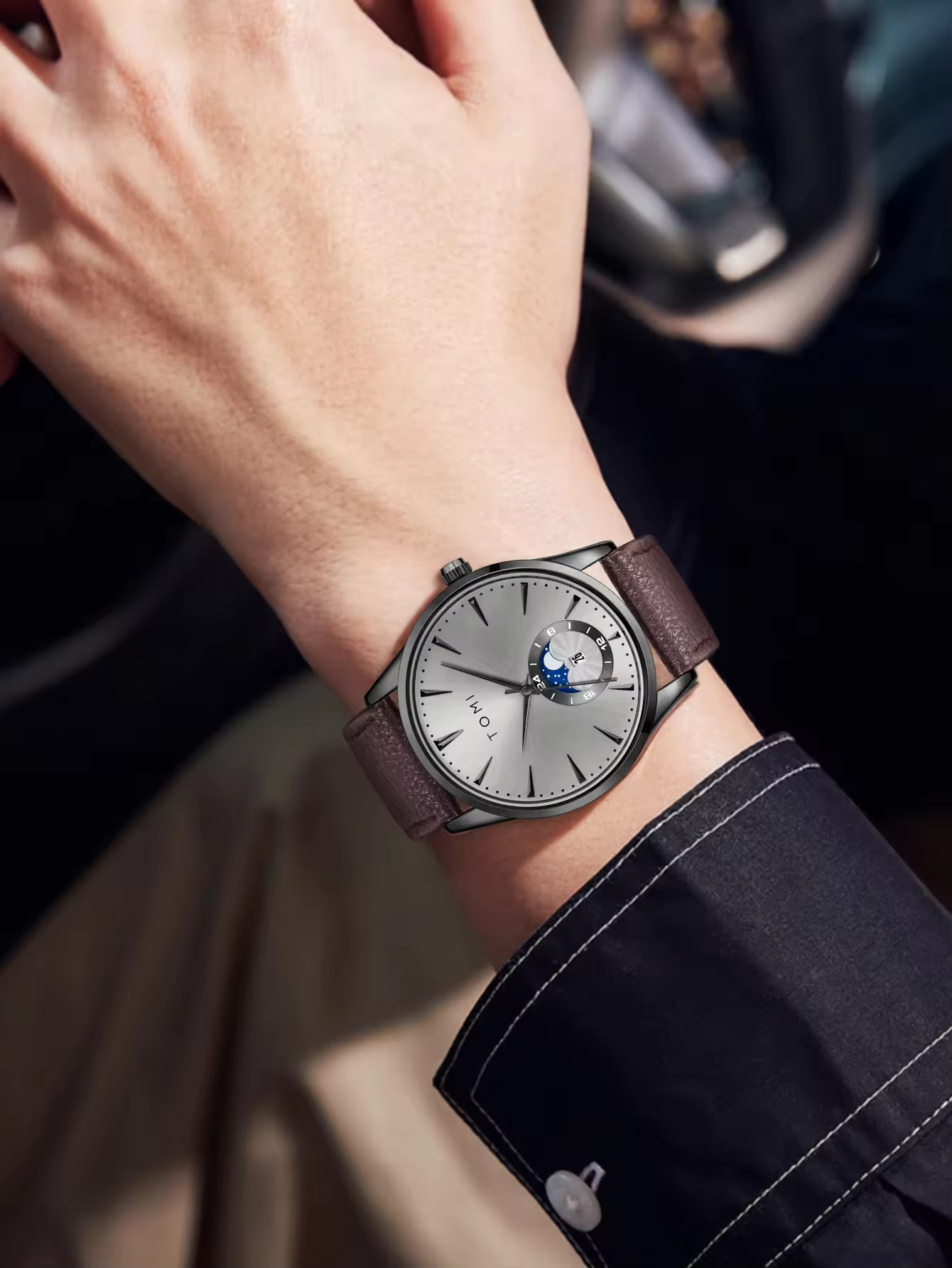 TOMI T-024 Men's Quartz Leather Belt Magnetic Lock Watch (Brown-Ash)_img_4