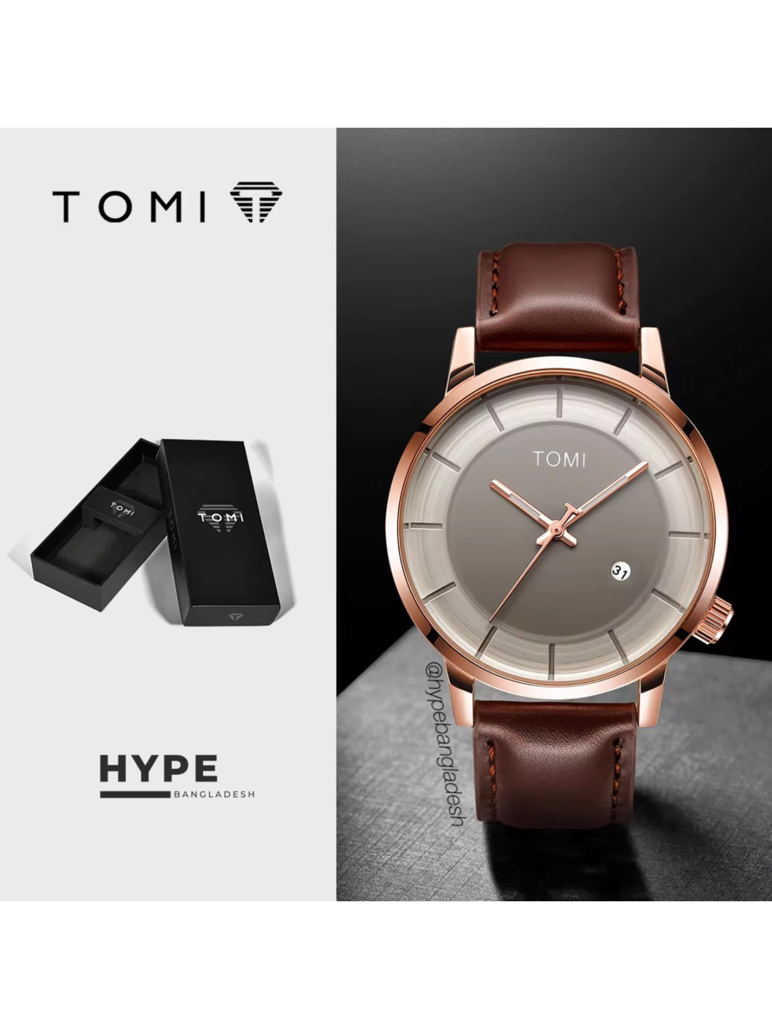 TOMI T-101 Men's Leather Belt Quartz Watch With Date (Brown)_img_0
