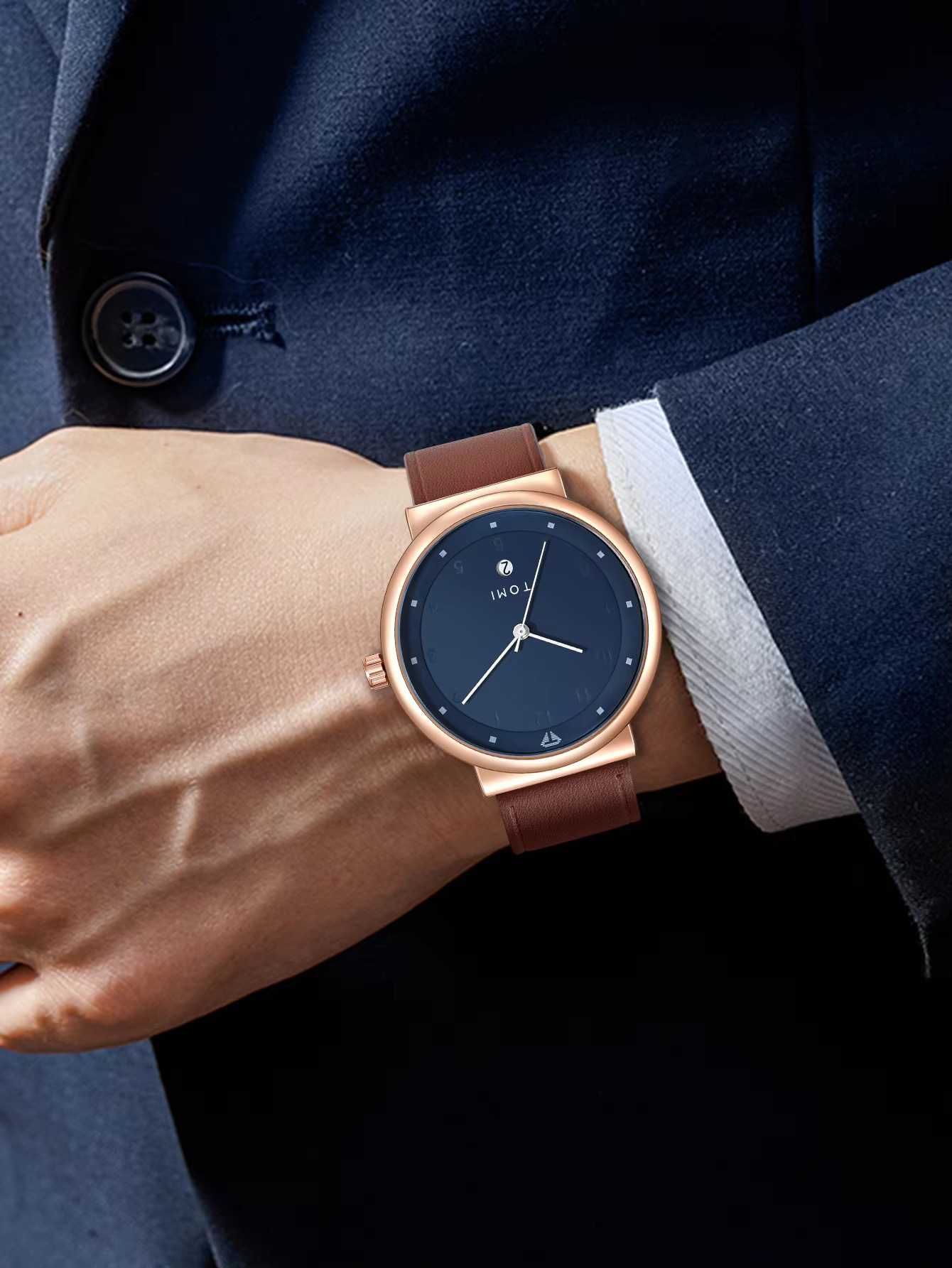 TOMI T-091 Men's Leather Belt Quartz Watch With Date (Blue)_img_3