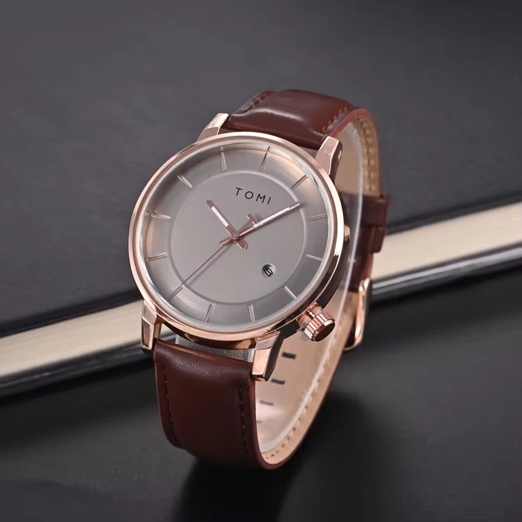 TOMI T-101 Men's Leather Belt Quartz Watch With Date (Brown)_img_1