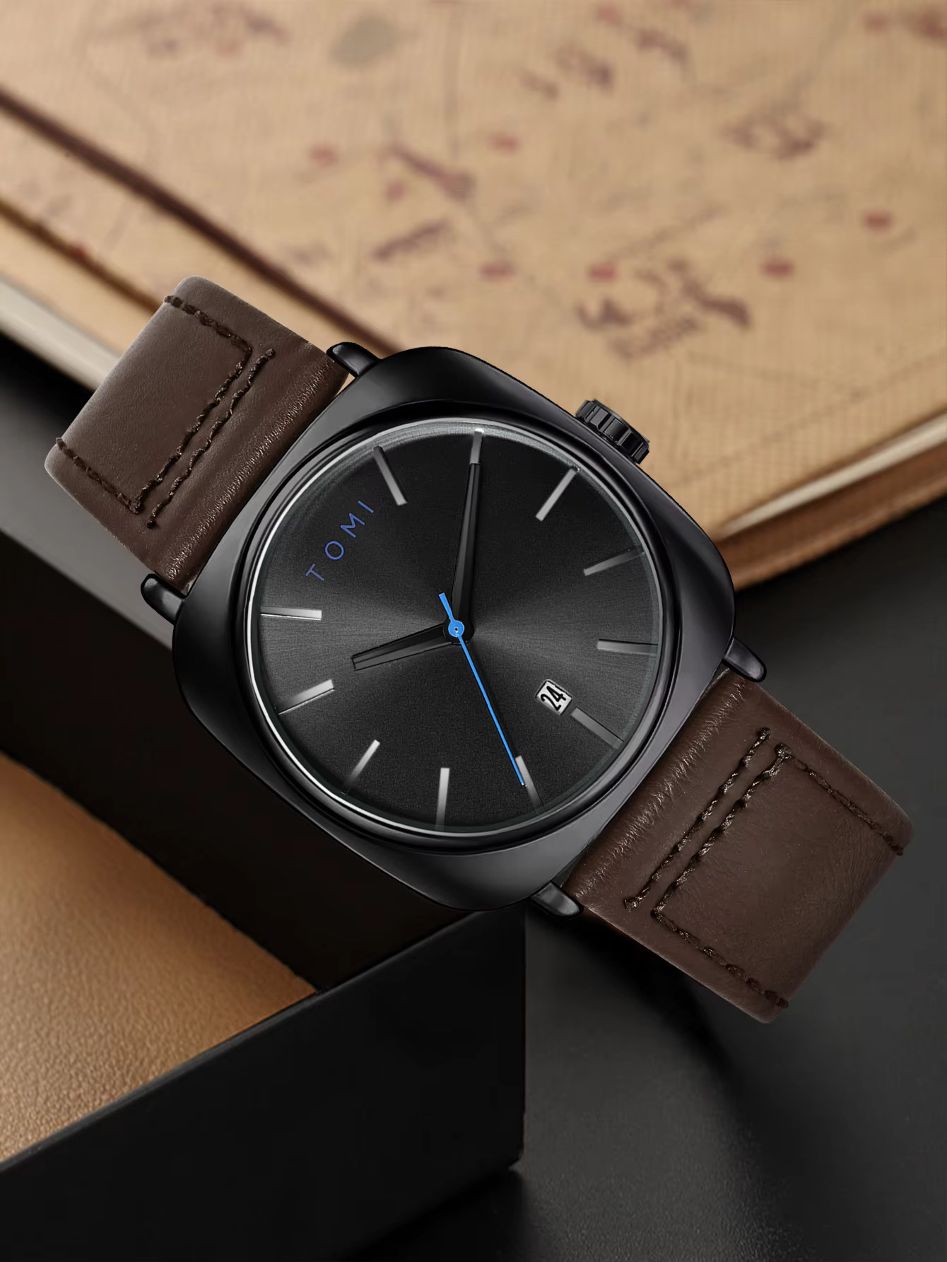 TOMI T-084 Men's Leather Belt Quartz Watch With Date (Brown-Black)_img_2