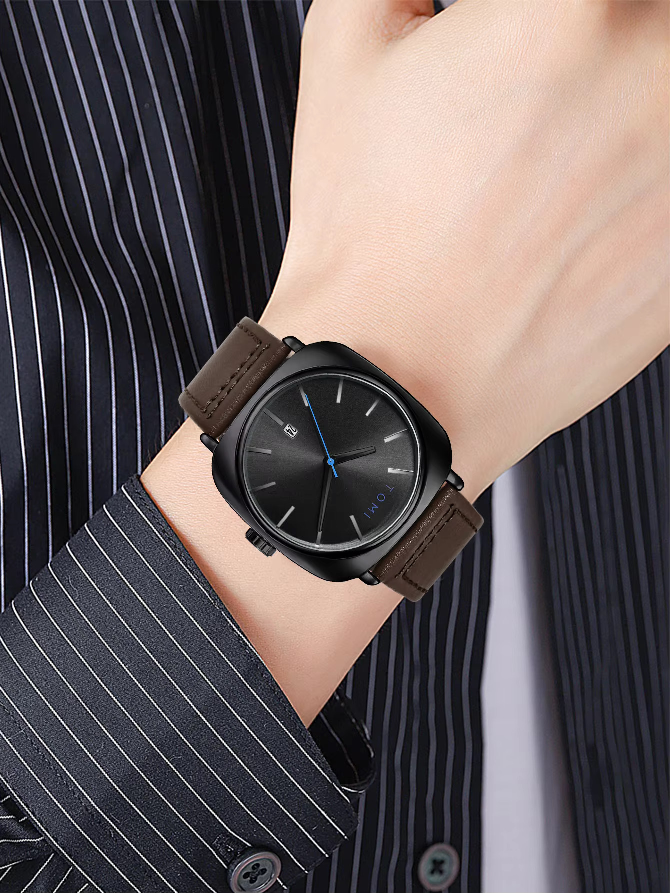 TOMI T-084 Men's Leather Belt Quartz Watch With Date (Brown-Black)_img_3