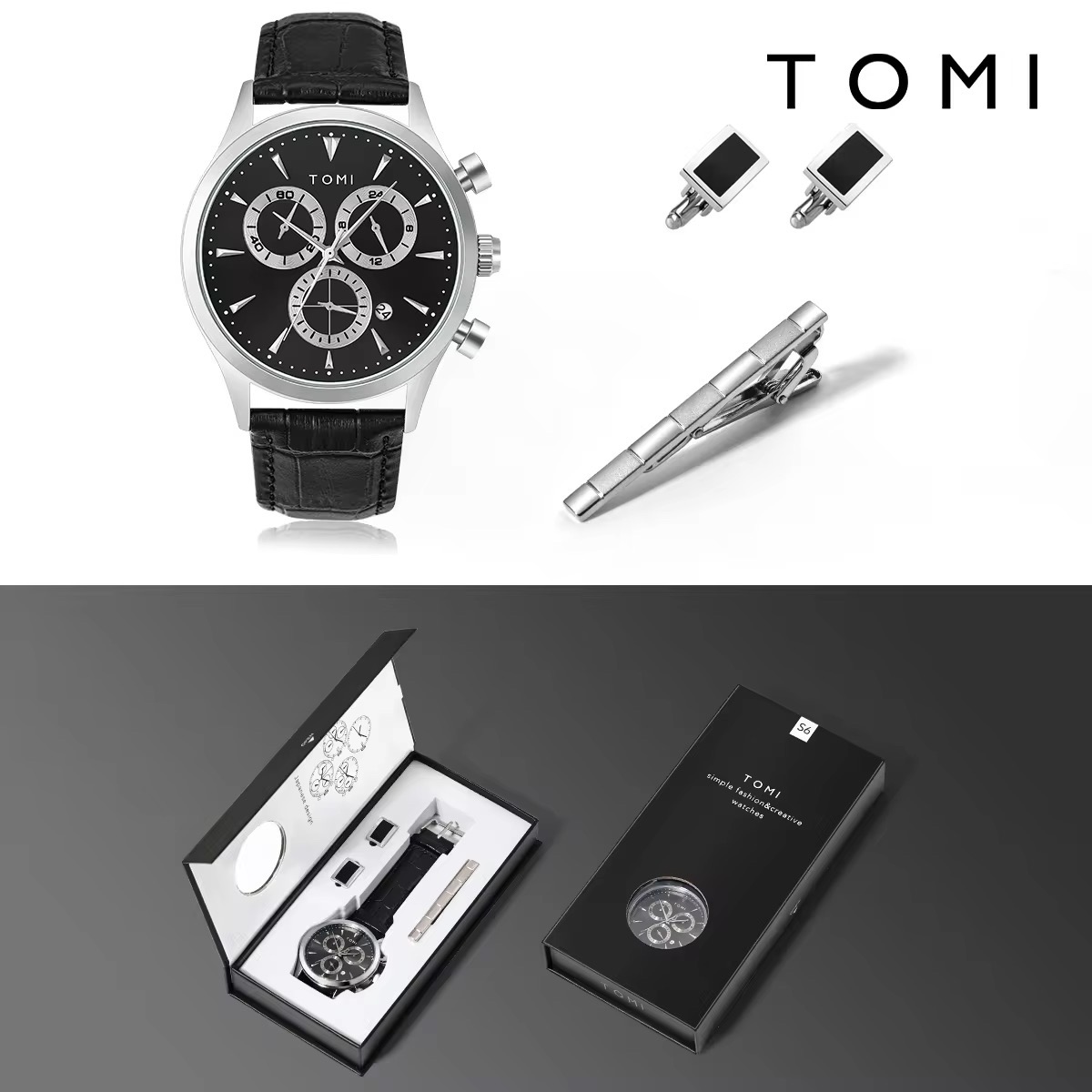 TOMI T-602 Chronograph Men's Leather Belt Quartz Watch (Black)_img_6