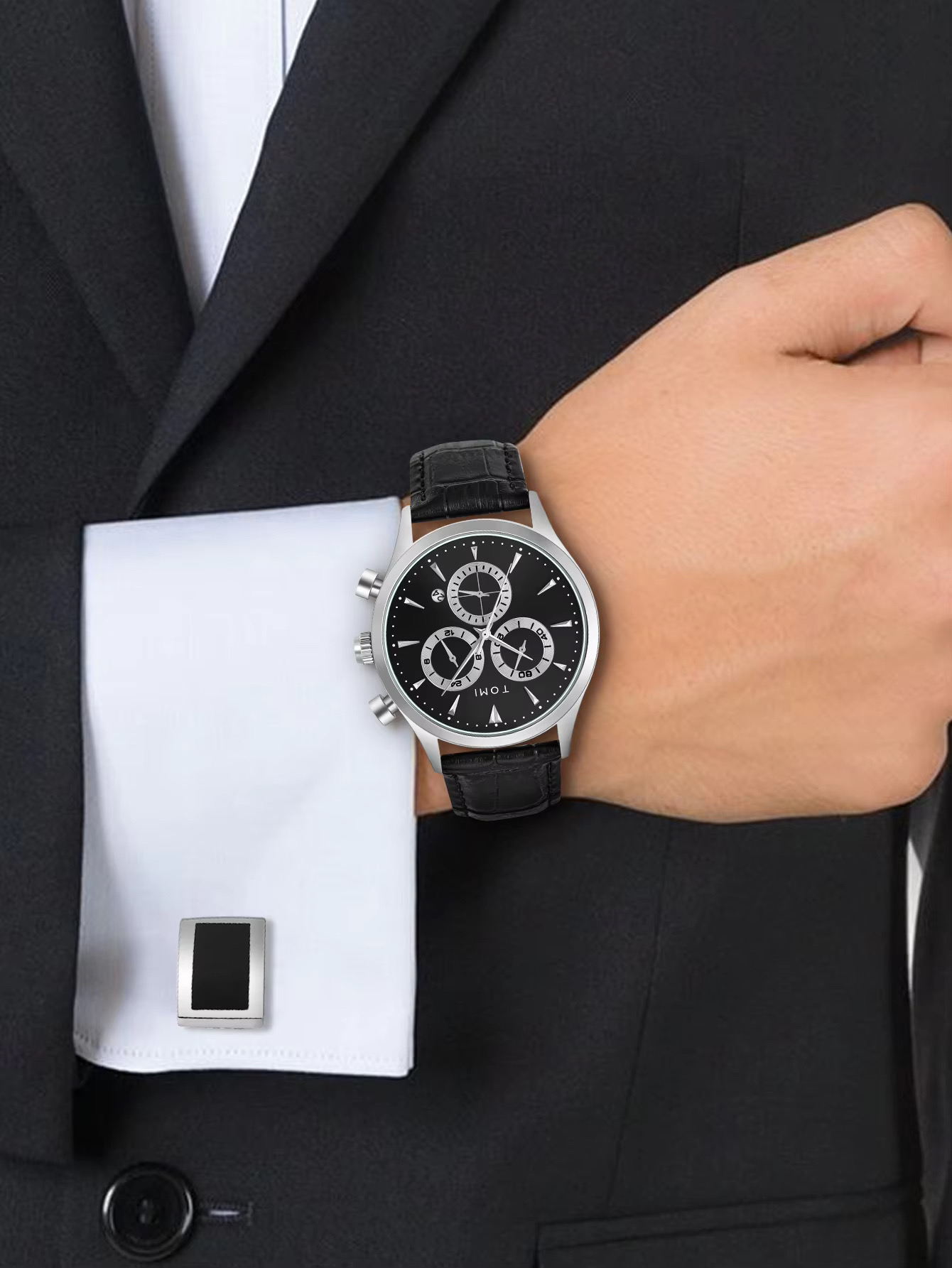 TOMI T-602 Chronograph Men's Leather Belt Quartz Watch (Black)_img_3