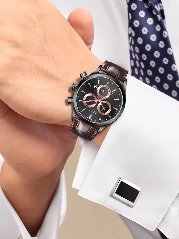 TOMI T-602 Chronograph Men's Leather Belt Quartz Watch (Brown)_img_3