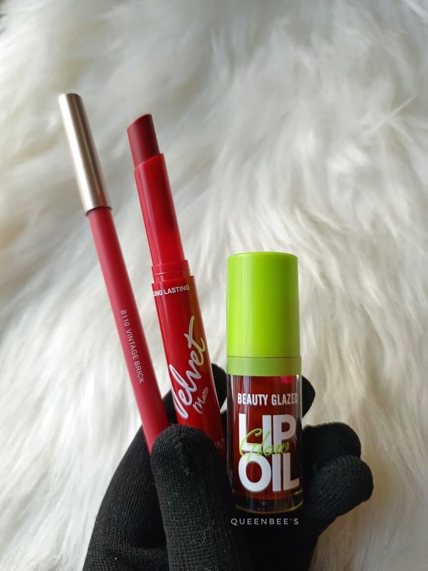 Lipcombo(Beauty glazed lip oil passion 105+lip liner shade 110+handaiyan velvet matte lipstick)