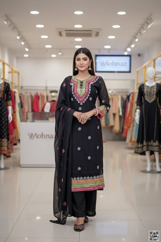 রেডিমেড জর্জেট ডলার এবং এমব্রয়ডারি কাজ করা থ্রী পিস