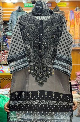 New Eid Collection Trendy Embroidery Work Digital Print Farsi Cut Organza 3 Piece Women Dress - Smoky Grey Elegance_img_3