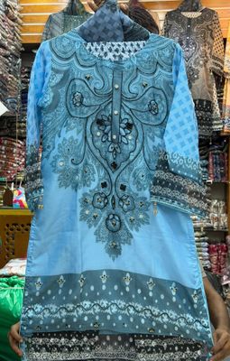 New Eid Collection Trendy Embroidery Work Digital Print Farsi Cut Organza 3 Piece Women Dress - Aqua Noor Sky Turquoise Blue Elegance_img_3