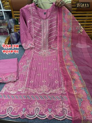 New Festive Design Rose Pink Embroidery Work Cotton Organza 3 Piece Women Dress_img_0