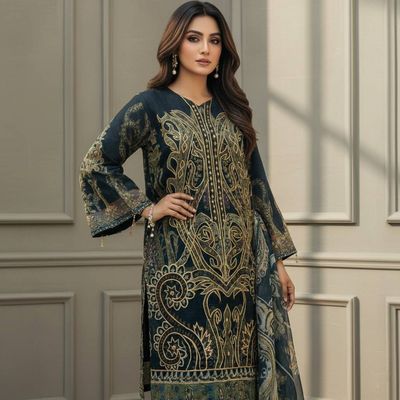 Trendy Luxury Floral Embroidery Design Black Organza Suits 3 Piece_img_6