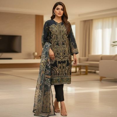 Trendy Luxury Floral Embroidery Design Black Organza Suits 3 Piece_img_4