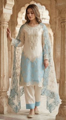 New Eid Collection Gorgeous Embroidery & Pearl Work Organza 3 Piece Women Dress - Off-white & Sky Blue Elegance_img_1