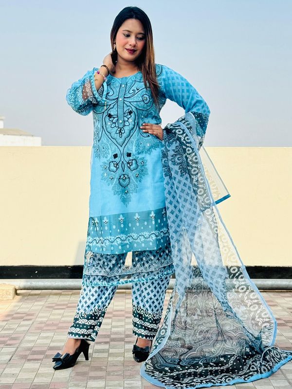 New Eid Collection Trendy Embroidery Work Digital Print Farsi Cut Organza 3 Piece Women Dress - Aqua Noor Sky Turquoise Blue Elegance