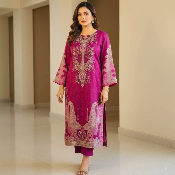 Royal Magenta Floral Embroidery Design Organza 3 Piece