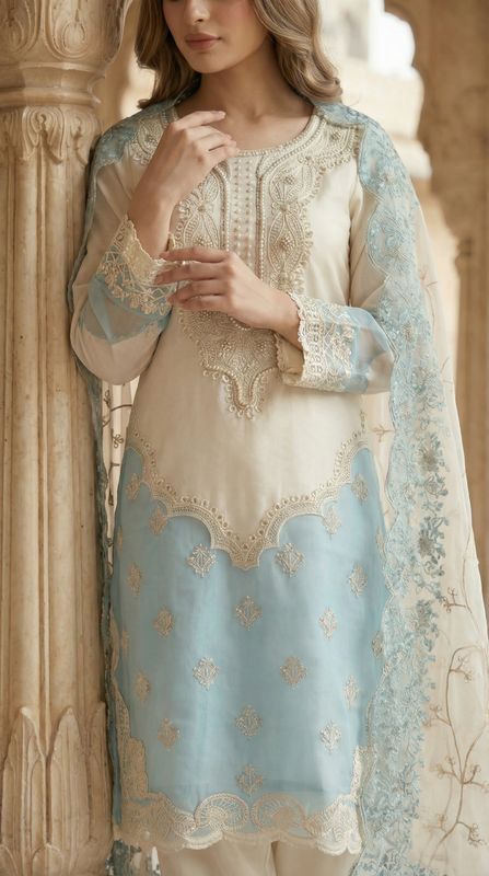 New Eid Collection Gorgeous Embroidery & Pearl Work Organza 3 Piece Women Dress - Off-white & Sky Blue Elegance