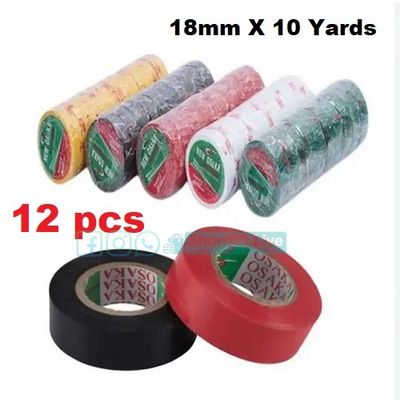 12 Pcs Osaka PVC Electrical Cricket Tape 18mm × 10 Yards (Red, White, Black, Yellow)_img_0