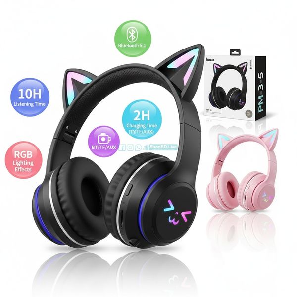 PM-35 Cat RGB Bluetooth Headphone | Wireless Gaming Headset with Cat Ears | Price in BD