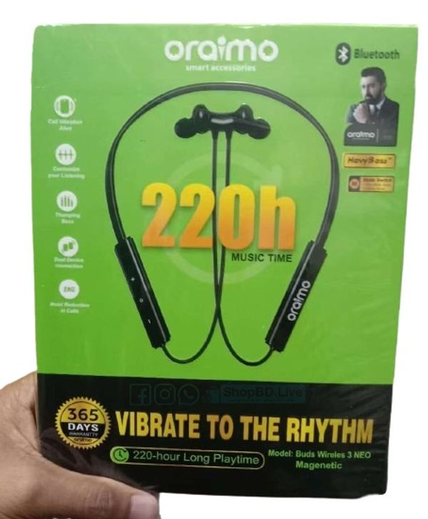 Oraimo Buds Wireless 3 Neo | 220 Hours Long Playtime Magnetic Earbuds with 365 Days Warranty | Price in BD