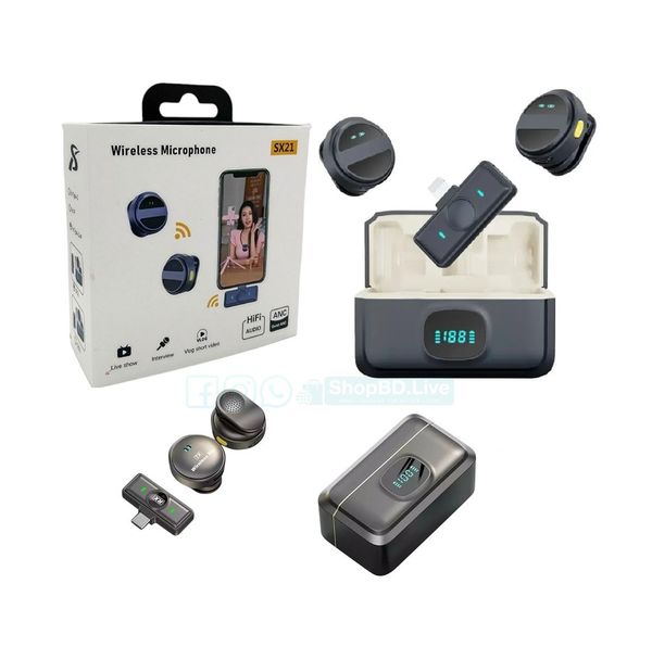 SX21 Wireless Lavalier Microphone – 2.4G Noise Reduction | Type-C / 8 Pin | Plug & Play Vlogging Mic | Price in BD