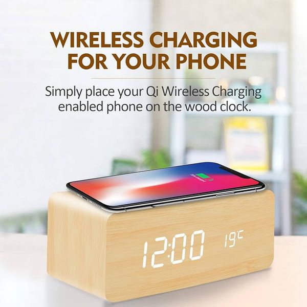 Smart Wooden LED Alarm Clock with Wireless Charging