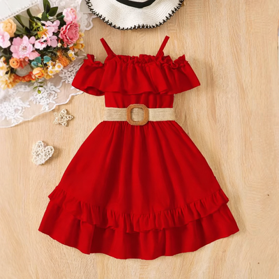 Kids Girls Red Ruffle Party Dress with Belt (3 to 8 years)_img_0