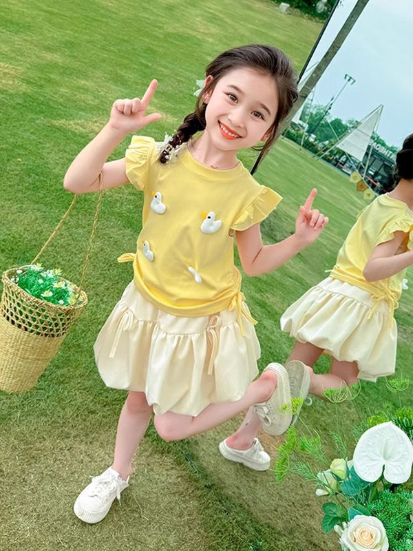 Kids Girls Summer Outfit Set Cute Duck Appliqué Top with Tulle Skirt Set (1 to 5 years)