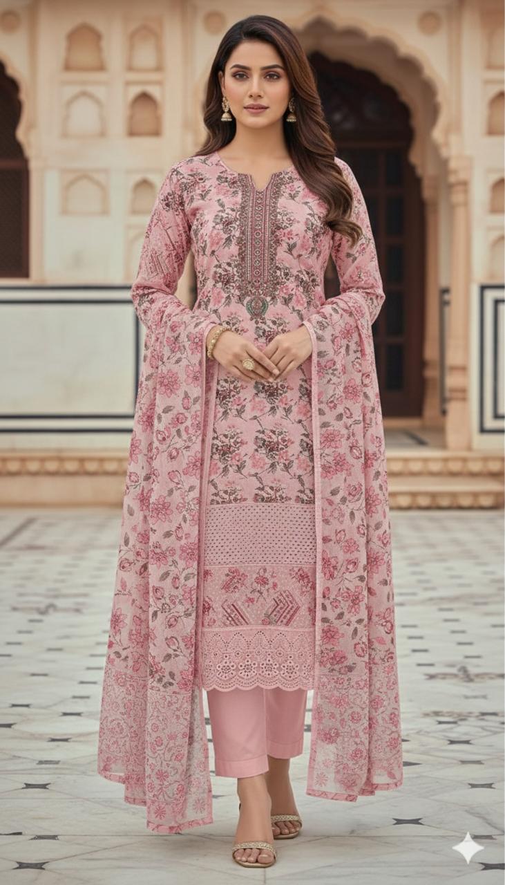 প্রিমিয়াম চিকেনকারি সুতি থ্রি পিস    ( ওড়নায় সিকুয়েন্সের কাজ আছে)  সেলাই বিহীন - লং ৪৮ , বডি ফ্রি সাইজ।