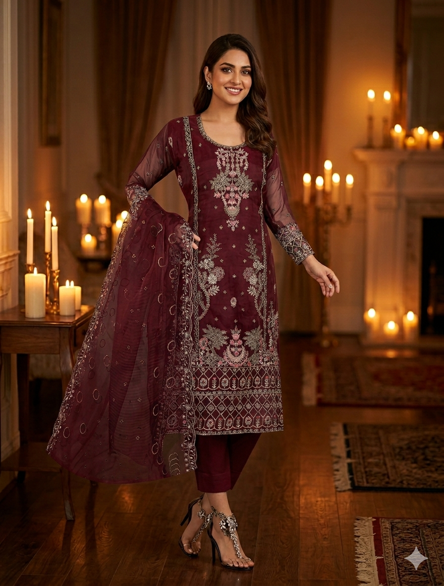 পাকিস্তানি ইন্সপায়ার্ড প্রিমিয়াম ফোর পিস ORGENJA (সেলাই বিহীন )