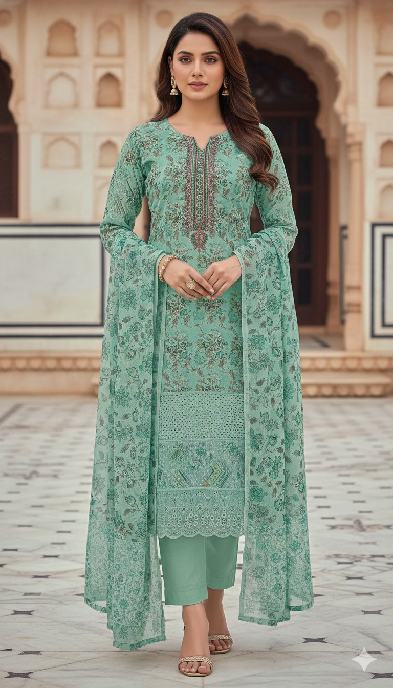 প্রিমিয়াম চিকেনকারি সুতি থ্রি পিস    ( ওড়নায় সিকুয়েন্সের কাজ আছে)  সেলাই বিহীন - লং ৪৮ , বডি ফ্রি সাইজ।